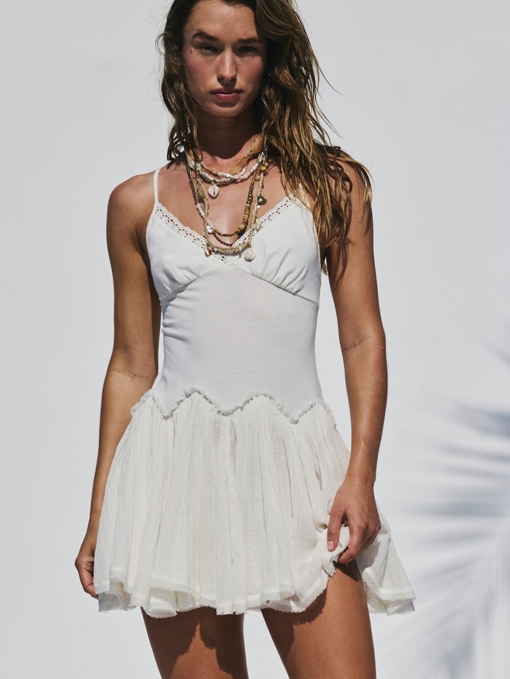Free People Ivory Spaghetti-Strap Mini Dress with Lace Trim